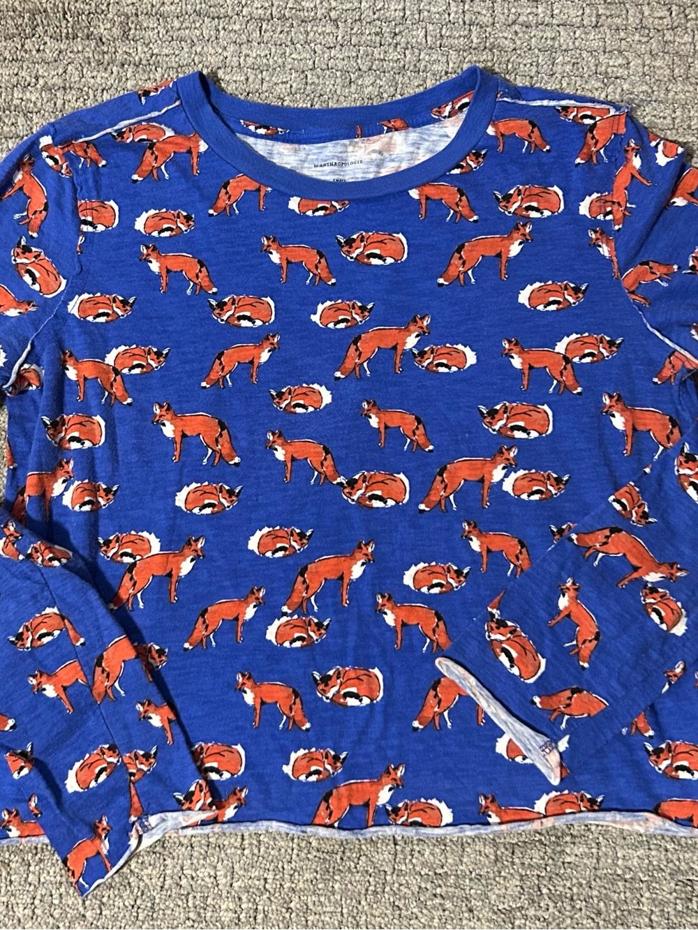 Anthropologie Fox Print Long Sleeve Knit Tee Blue, Size S
